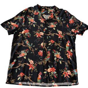 Express L Black Short Sleeve Luau Shirt Collar Parrot Hibiscus Button Graduation